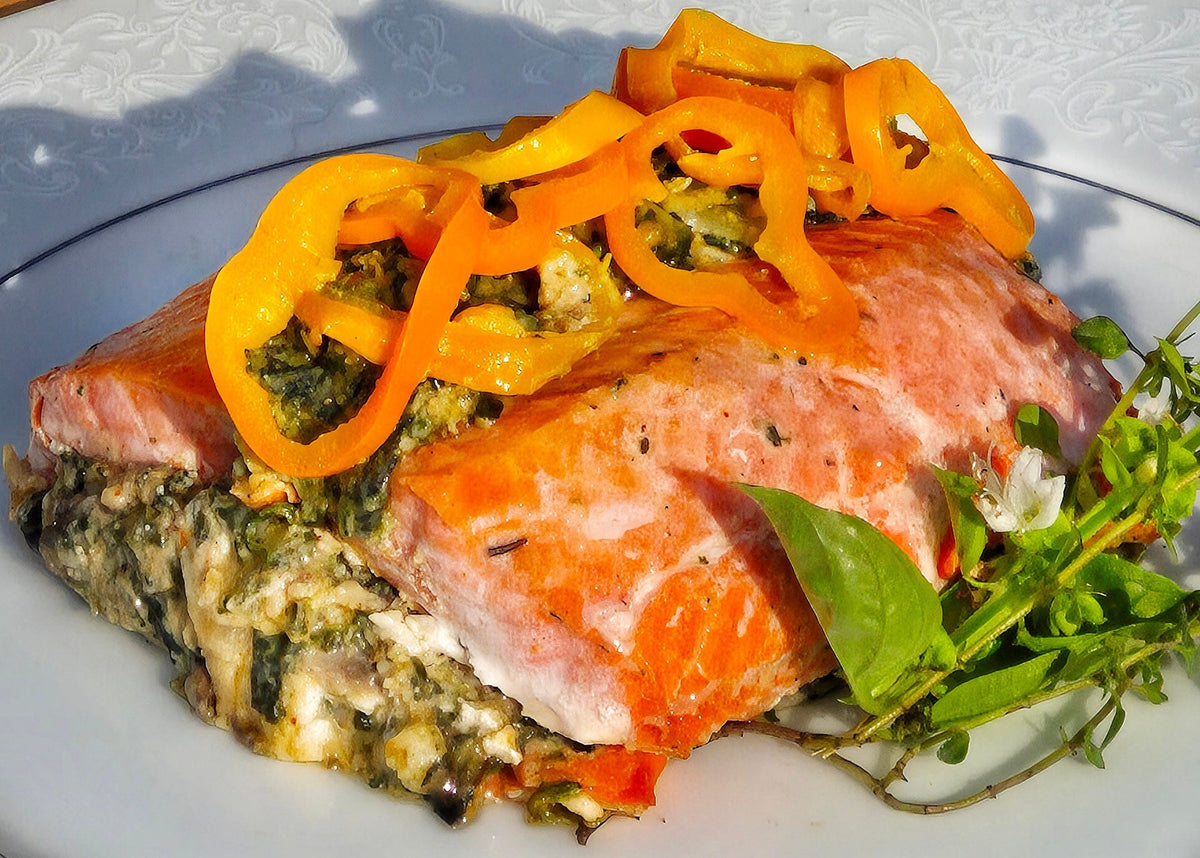 Stuffed Salmon with Garlic Herb Mushroom, Spinach & Boursin Filling and Sweet Peppers
