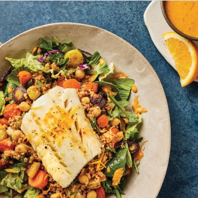 Smoky Harissa Baked Wild Alaskan Sablefish (Black Cod) Bulgur Bowl