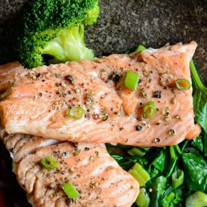 Copper River Salmon with Scrambled Egg and Green Vegetables