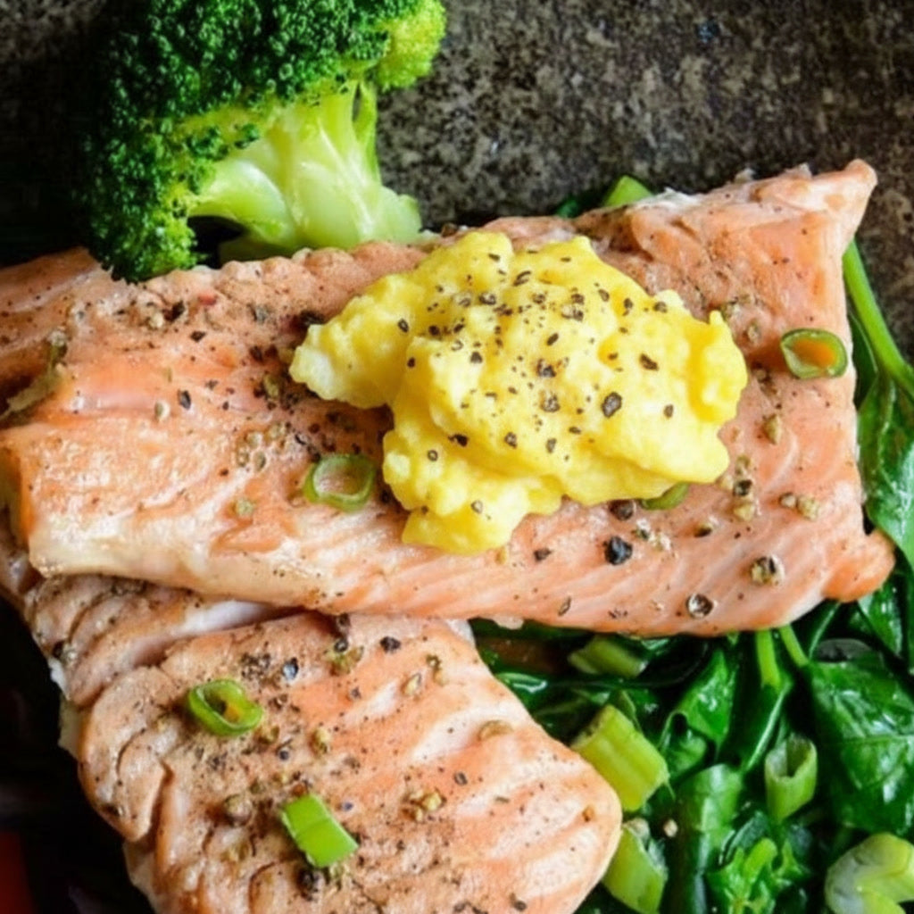 Weekend brunch Salmon, Scrambled Eggs & Greens.