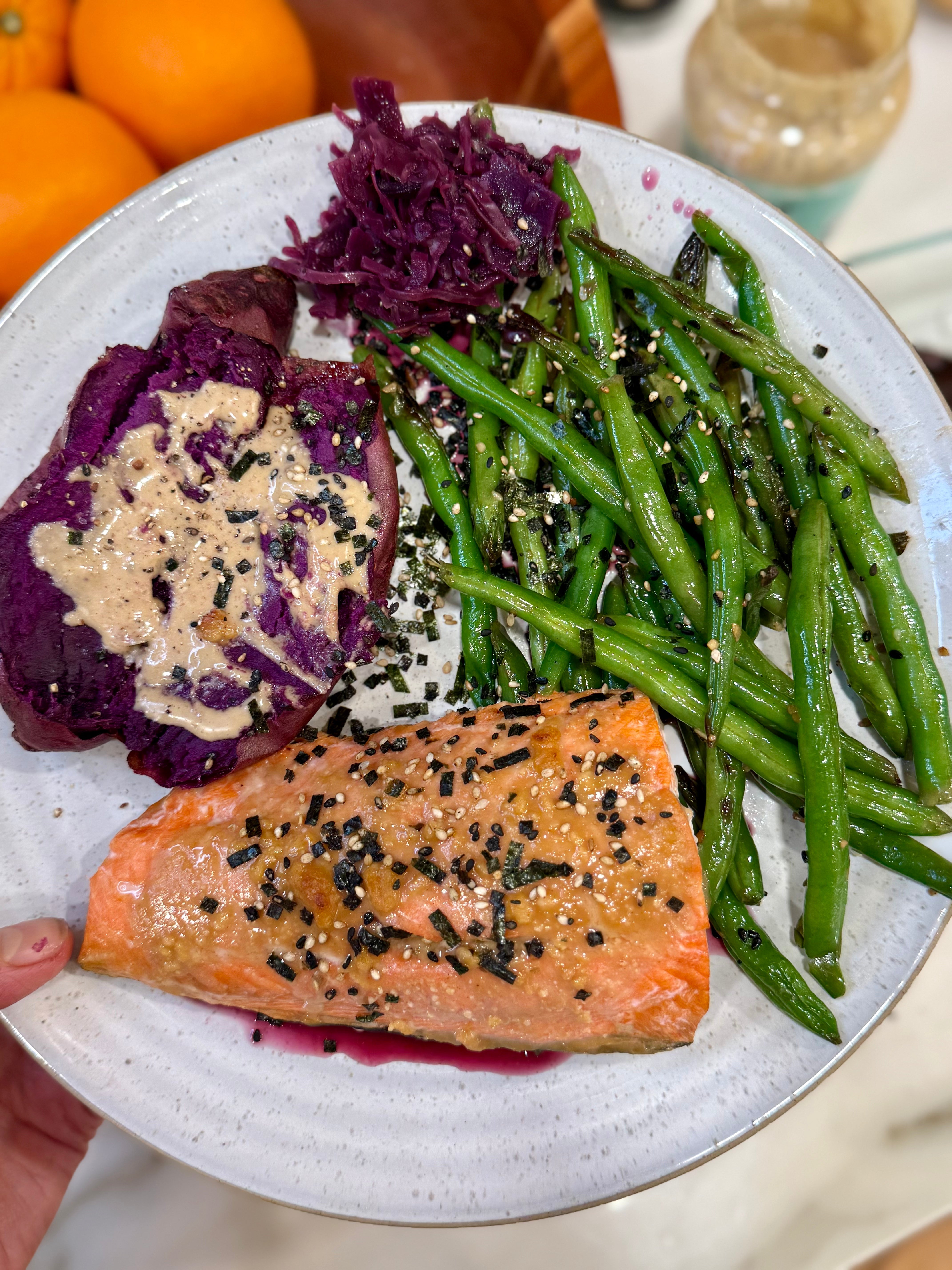 Miso Salmon with Baked Purple Sweet Potatoes