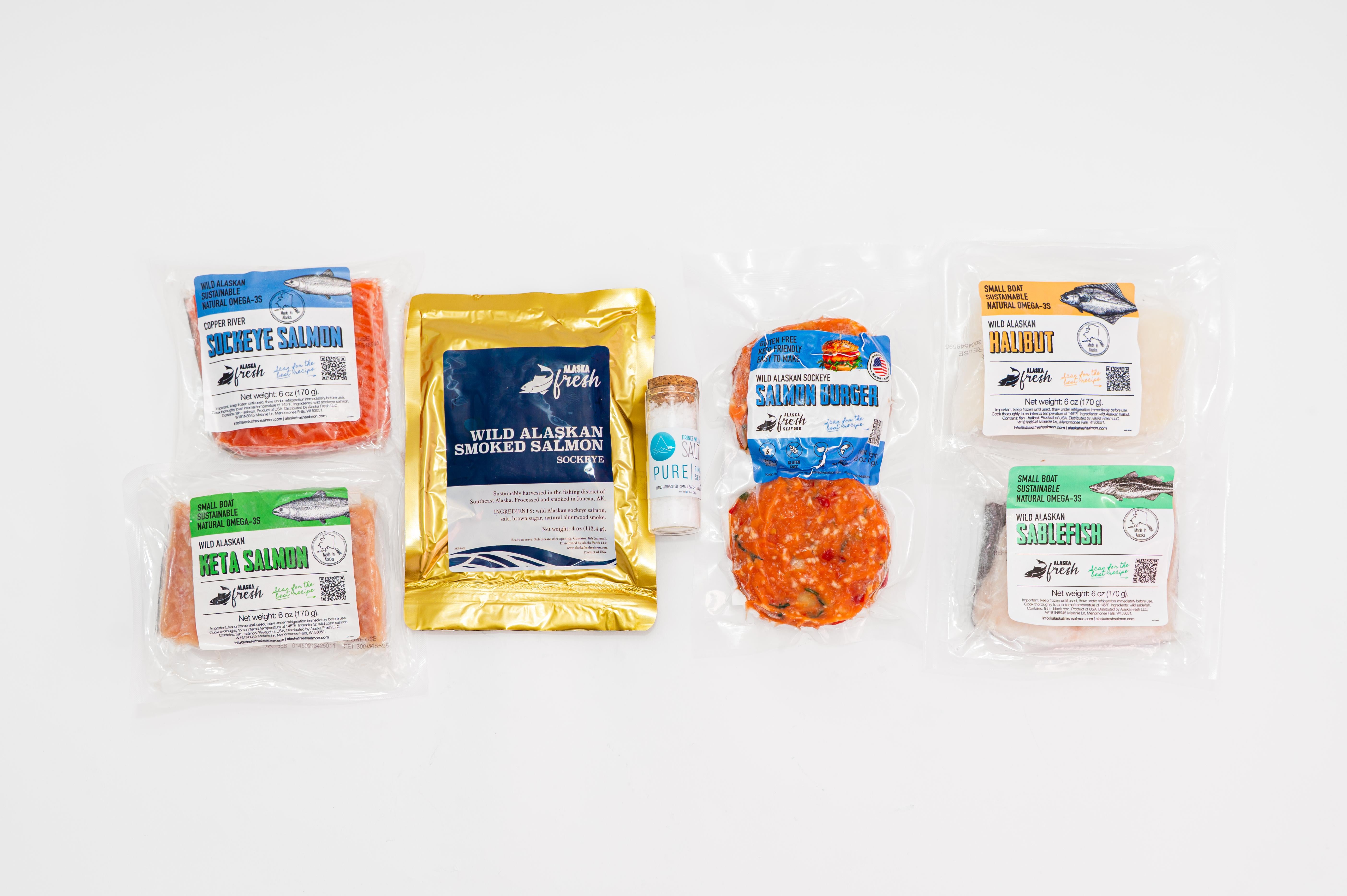 Alaska Fresh Seafood | Variety sampler box | Sockeye, Halibut, Keta, Sablefish, Burgers, Smoked Salmon Pouch, Pure Sea Salt
