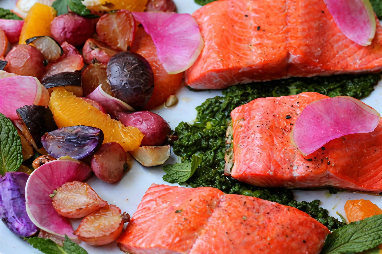 Copper river sockeye salmon with roasted beets, oranges, grapefruit, and herbs