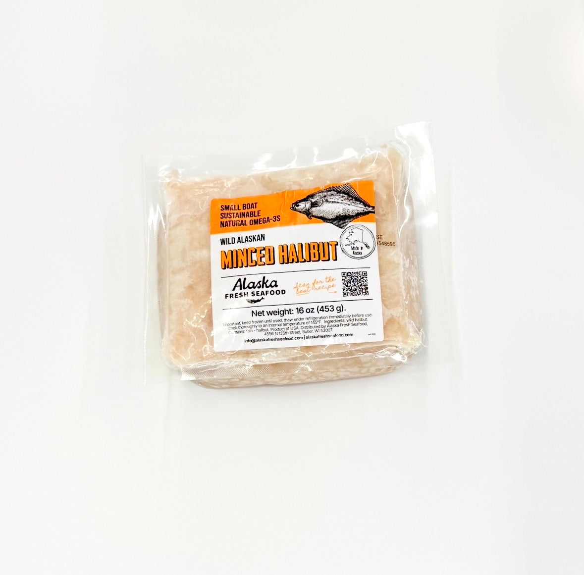 Packaged minced halibut with Alaska Fresh Seafood label on a white background