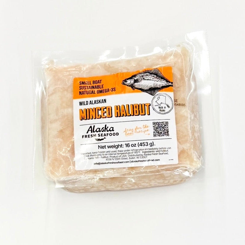 Packaged minced halibut with Alaska Fresh Seafood label on a white background
