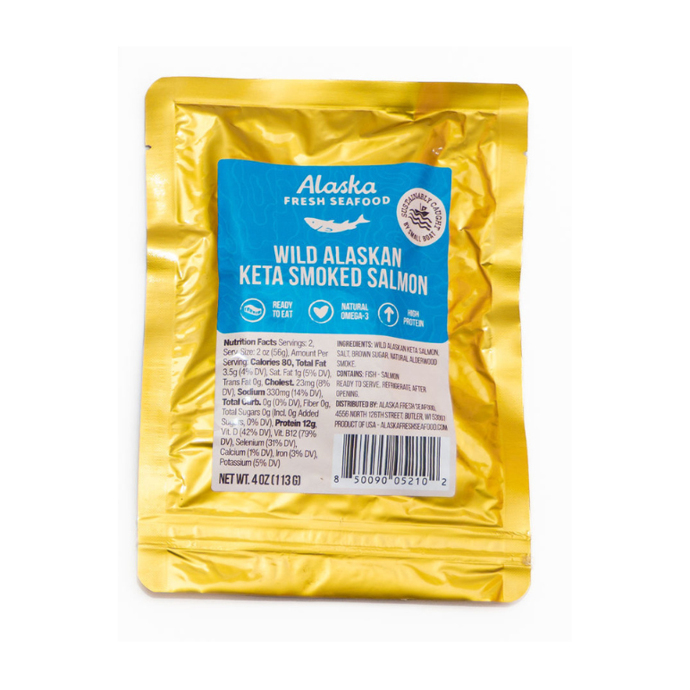 A single foil pouch of Alaska Fish Market Wild Alaskan Keta Smoked Salmon on a plain white background.
