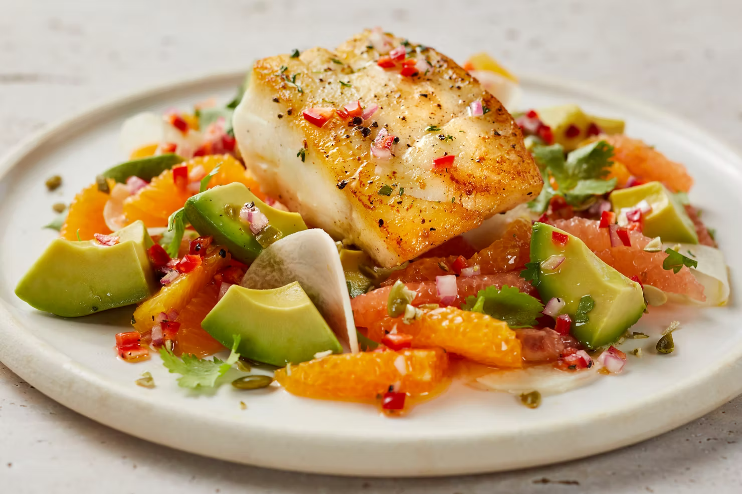 Wild Alaskan Black Cod (Sablefish) with Citrus, Avocado, Jicama and Fresno Chile Vinaigrette