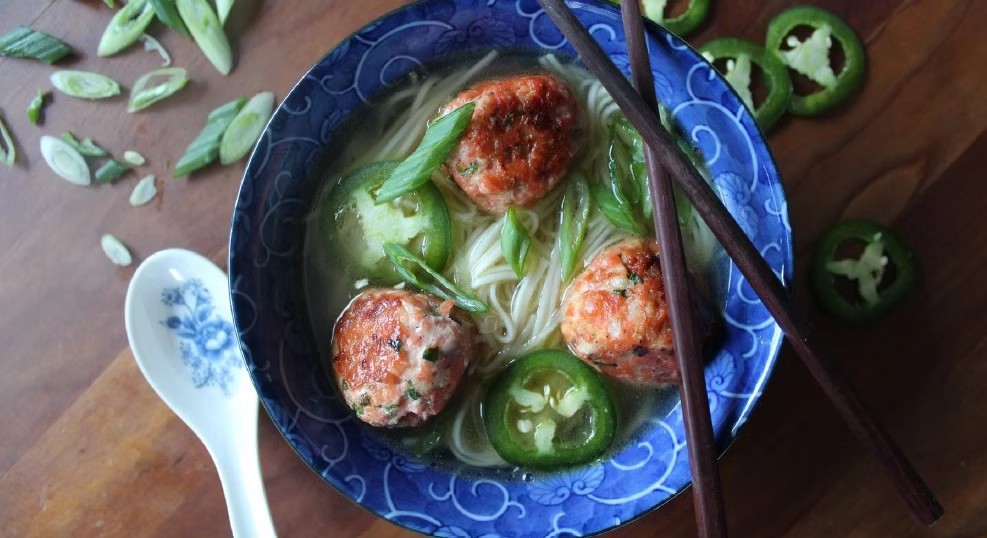 Miso Udon with Minced Copper River Sockeye Salmon Meatballs