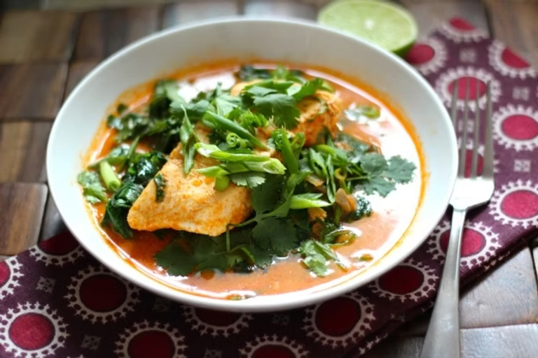 Poached Wild Alaskan Halibut in Thai Coconut Curry Broth