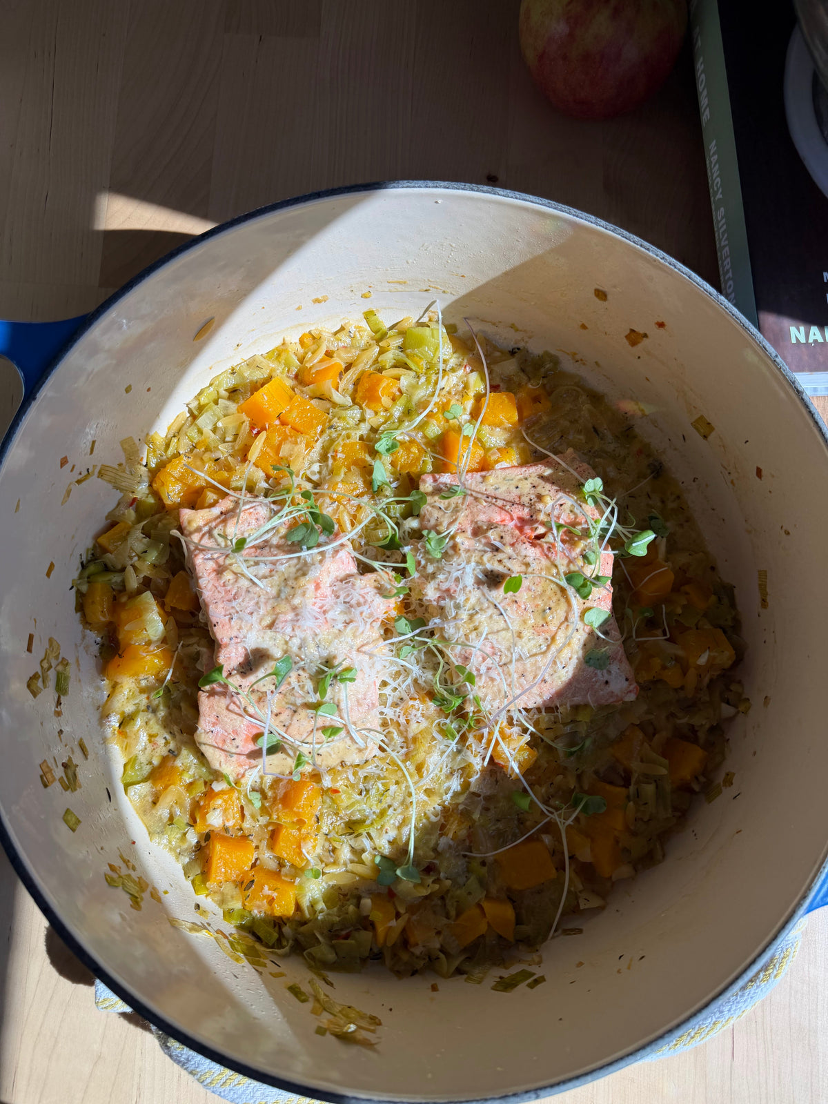One-Pot Salmon & Orzo with Butternut Squash & Leeks