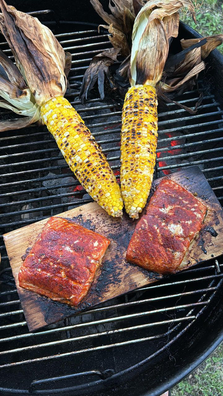 grilled sockeye salmon with cedar plank and corn on the cob